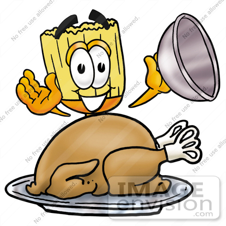 #22697 Clip Art Graphic of a Straw Broom Cartoon Character Serving a Thanksgiving Turkey on a Platter by toons4biz