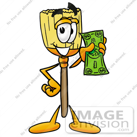 #22704 Clip Art Graphic of a Straw Broom Cartoon Character Holding a Dollar Bill by toons4biz