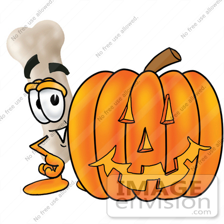 #22728 Clip art Graphic of a Bone Cartoon Character With a Carved Halloween Pumpkin by toons4biz