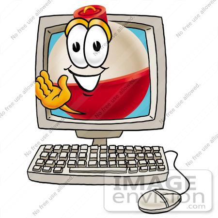 #22733 Clip art Graphic of a Fishing Bobber Cartoon Character Waving From Inside a Computer Screen by toons4biz