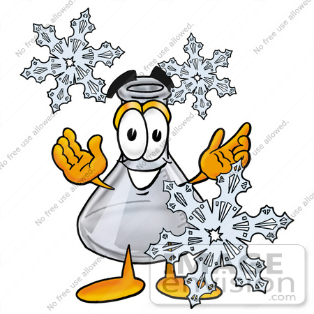 #22767 Clip art Graphic of a Beaker Laboratory Flask Cartoon Character With Three Snowflakes in Winter by toons4biz