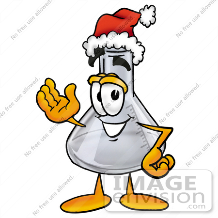 #22769 Clip art Graphic of a Beaker Laboratory Flask Cartoon Character Wearing a Santa Hat and Waving by toons4biz