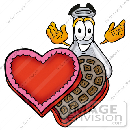 #22772 Clip art Graphic of a Beaker Laboratory Flask Cartoon Character With an Open Box of Valentines Day Chocolate Candies by toons4biz