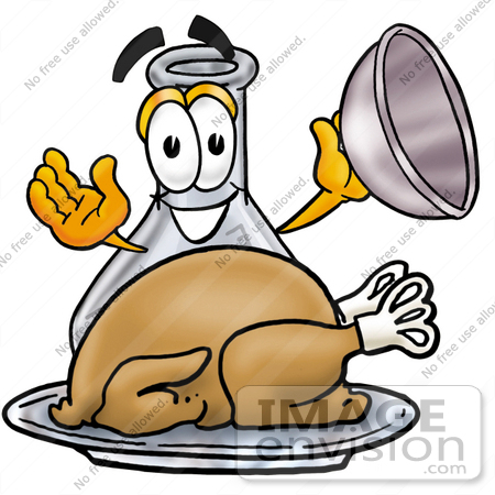#22778 Clip art Graphic of a Beaker Laboratory Flask Cartoon Character Serving a Thanksgiving Turkey on a Platter by toons4biz