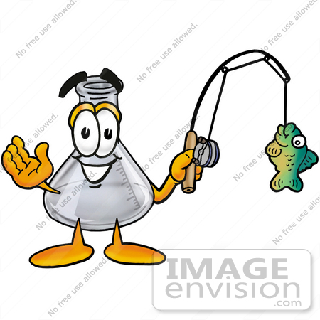 #22801 Clip art Graphic of a Laboratory Flask Beaker Cartoon Character Holding a Fish on a Fishing Pole by toons4biz