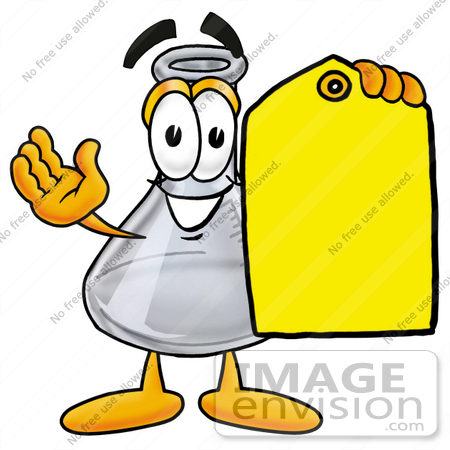 #22816 Clip art Graphic of a Laboratory Flask Beaker Cartoon Character Holding a Yellow Sales Price Tag by toons4biz