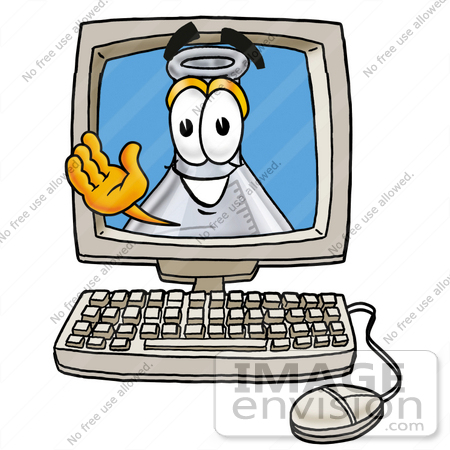 #22828 Clip art Graphic of a Laboratory Flask Beaker Cartoon Character Waving From Inside a Computer Screen by toons4biz