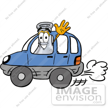 #22833 Clip art Graphic of a Laboratory Flask Beaker Cartoon Character Driving a Blue Car and Waving by toons4biz