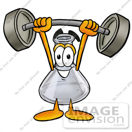 #22834 Clip art Graphic of a Laboratory Flask Beaker Cartoon Character Holding a Heavy Barbell Above His Head by toons4biz