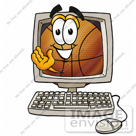 #22840 Clip art Graphic of a Basketball Cartoon Character Waving From Inside a Computer Screen by toons4biz