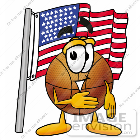 #22846 Clip art Graphic of a Basketball Cartoon Character Pledging Allegiance to an American Flag by toons4biz