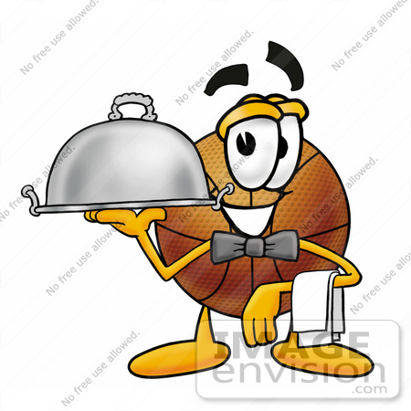 #22852 Clip art Graphic of a Basketball Cartoon Character Dressed as a Waiter and Holding a Serving Platter by toons4biz