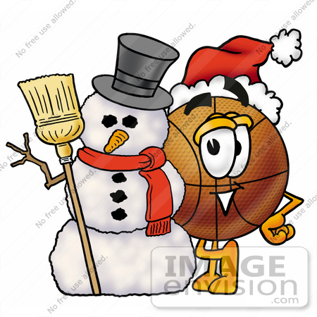#22854 Clip art Graphic of a Basketball Cartoon Character With a Snowman on Christmas by toons4biz