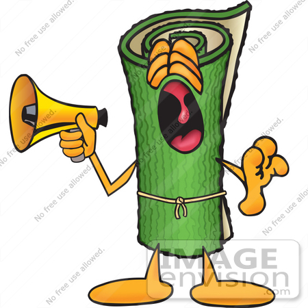 #22865 Clip Art Graphic of a Rolled Green Carpet Cartoon Character Screaming Into a Megaphone by toons4biz