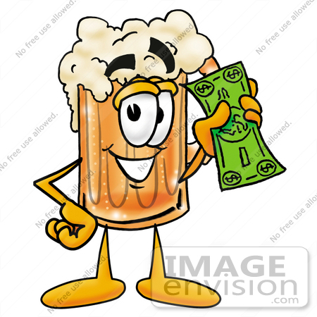 #22886 Clip art Graphic of a Frothy Mug of Beer or Soda Cartoon Character Holding a Dollar Bill by toons4biz