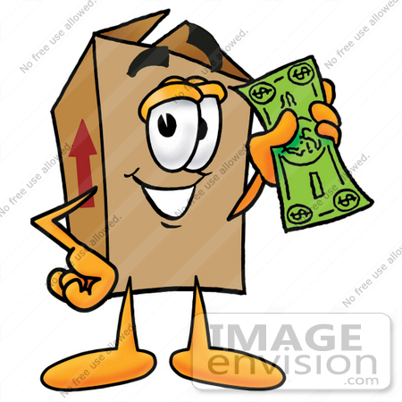 #22887 Clip Art Graphic of a Cardboard Shipping Box Cartoon Character Holding a Dollar Bill by toons4biz