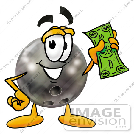 #22888 Clip Art Graphic of a Bowling Ball Cartoon Character Holding a Dollar Bill by toons4biz