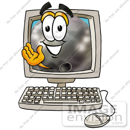 #22891 Clip Art Graphic of a Bowling Ball Cartoon Character Waving From Inside a Computer Screen by toons4biz