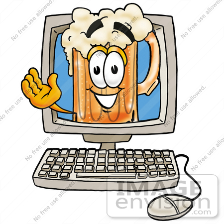#22892 Clip art Graphic of a Frothy Mug of Beer or Soda Cartoon Character Waving From Inside a Computer Screen by toons4biz