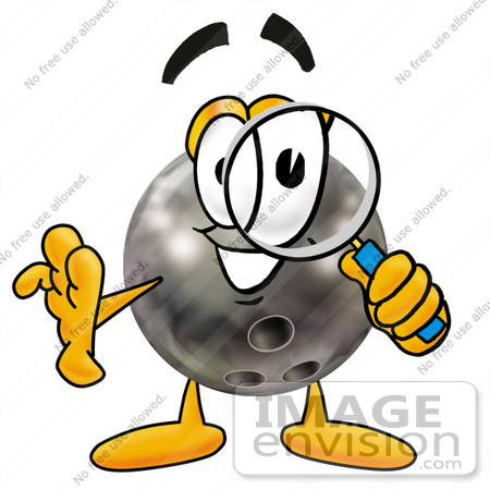 #22911 Clip Art Graphic of a Bowling Ball Cartoon Character Looking Through a Magnifying Glass by toons4biz