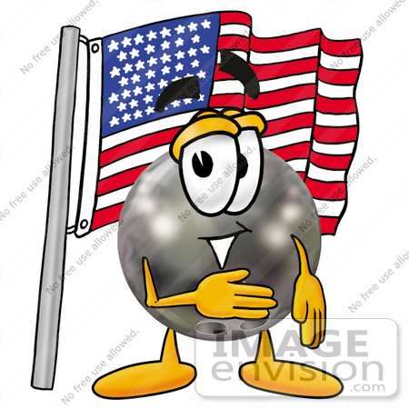 #22921 Clip Art Graphic of a Bowling Ball Cartoon Character Pledging Allegiance to an American Flag by toons4biz