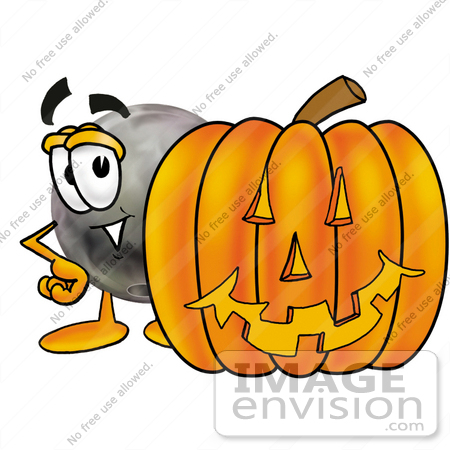 #22925 Clip Art Graphic of a Bowling Ball Cartoon Character With a Carved Halloween Pumpkin by toons4biz