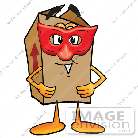 #22927 Clip Art Graphic of a Cardboard Shipping Box Cartoon Character Wearing a Red Mask Over His Face by toons4biz