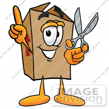 #22932 Clip Art Graphic of a Cardboard Shipping Box Cartoon Character Holding a Pair of Scissors by toons4biz