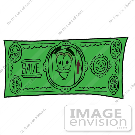 #22933 Clip Art Graphic of a Cardboard Shipping Box Cartoon Character on a Dollar Bill by toons4biz