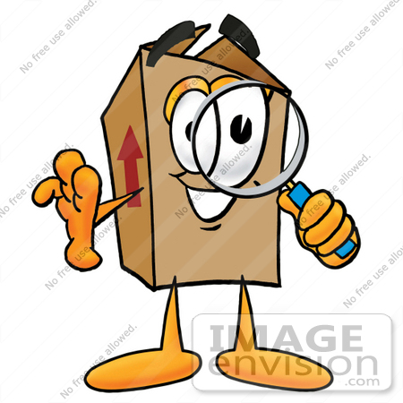 #22939 Clip Art Graphic of a Cardboard Shipping Box Cartoon Character Looking Through a Magnifying Glass by toons4biz