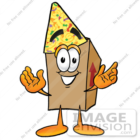 #22940 Clip Art Graphic of a Cardboard Shipping Box Cartoon Character Wearing a Birthday Party Hat by toons4biz