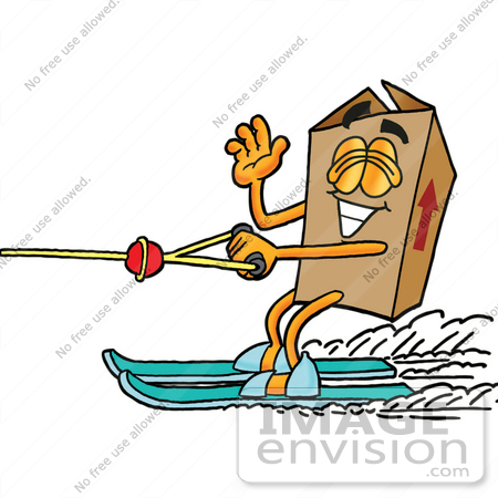 #22942 Clip Art Graphic of a Cardboard Shipping Box Cartoon Character Waving While Water Skiing by toons4biz