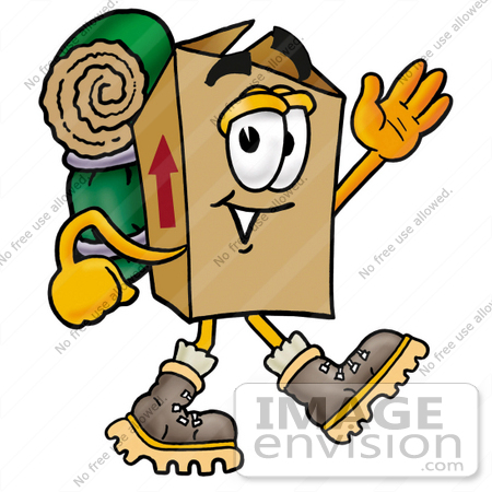 #22946 Clip Art Graphic of a Cardboard Shipping Box Cartoon Character Hiking and Carrying a Backpack by toons4biz