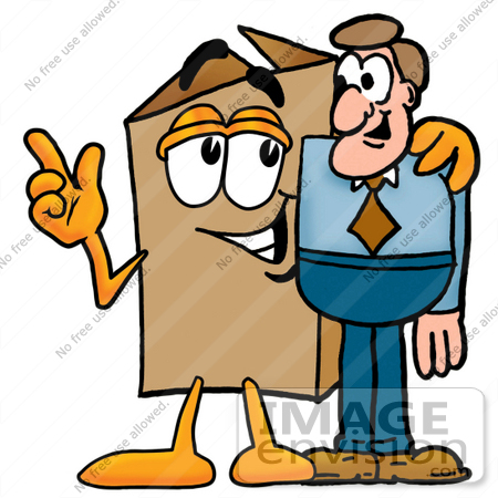 #22947 Clip Art Graphic of a Cardboard Shipping Box Cartoon Character Talking to a Business Man by toons4biz