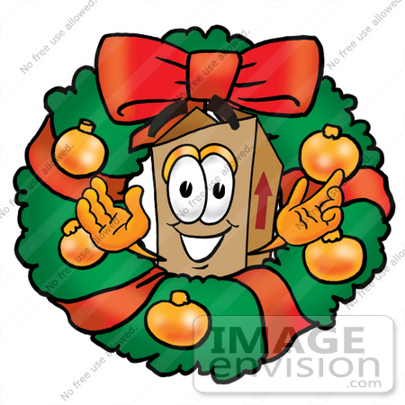 #22956 Clip Art Graphic of a Cardboard Shipping Box Cartoon Character in the Center of a Christmas Wreath by toons4biz