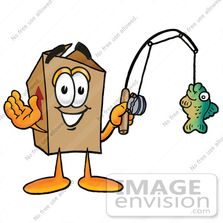 #22957 Clip Art Graphic of a Cardboard Shipping Box Cartoon Character Holding a Fish on a Fishing Pole by toons4biz