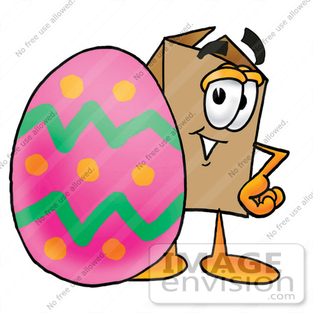 #22959 Clip Art Graphic of a Cardboard Shipping Box Cartoon Character Standing Beside an Easter Egg by toons4biz
