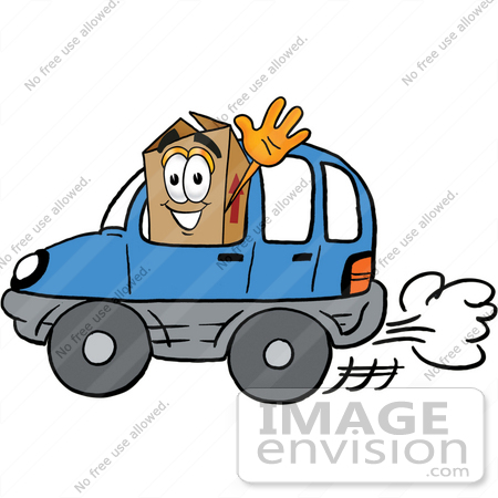 #22965 Clip Art Graphic of a Cardboard Shipping Box Cartoon Character Driving a Blue Car and Waving by toons4biz