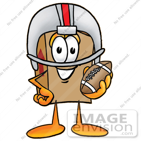 #22968 Clip Art Graphic of a Cardboard Shipping Box Cartoon Character in a Helmet, Holding a Football by toons4biz