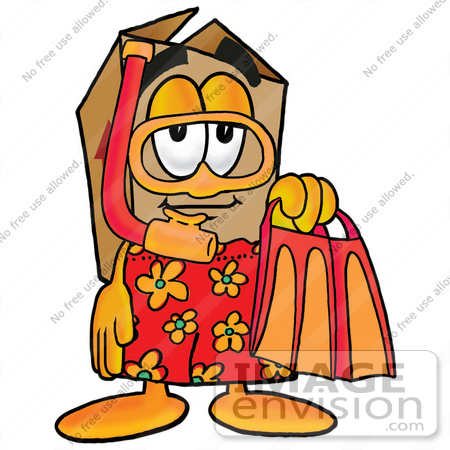 #22969 Clip Art Graphic of a Cardboard Shipping Box Cartoon Character in Orange and Red Snorkel Gear by toons4biz