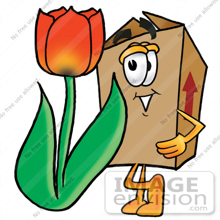 #22970 Clip Art Graphic of a Cardboard Shipping Box Cartoon Character With a Red Tulip Flower in the Spring by toons4biz