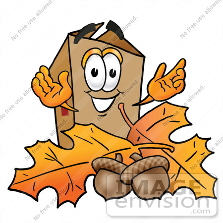 #22972 Clip Art Graphic of a Cardboard Shipping Box Cartoon Character With Autumn Leaves and Acorns in the Fall by toons4biz