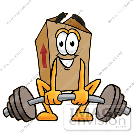 #22973 Clip Art Graphic of a Cardboard Shipping Box Cartoon Character Lifting a Heavy Barbell by toons4biz