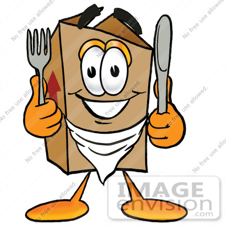 #22974 Clip Art Graphic of a Cardboard Shipping Box Cartoon Character Holding a Knife and Fork by toons4biz