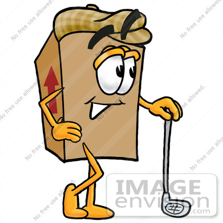 #22980 Clip Art Graphic of a Cardboard Shipping Box Cartoon Character Leaning on a Golf Club While Golfing by toons4biz