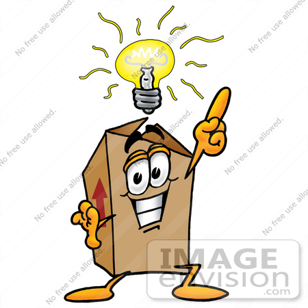 #22984 Clip Art Graphic of a Cardboard Shipping Box Cartoon Character With a Bright Idea by toons4biz