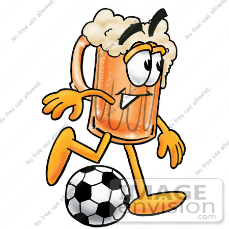 #22989 Clip art Graphic of a Frothy Mug of Beer or Soda Cartoon Character Kicking a Soccer Ball by toons4biz