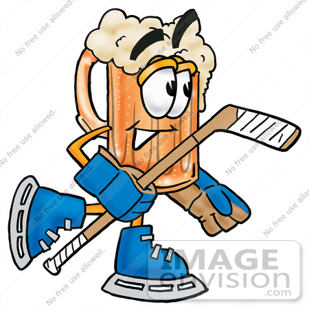 #22994 Clip art Graphic of a Frothy Mug of Beer or Soda Cartoon Character Playing Ice Hockey by toons4biz