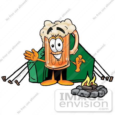#22997 Clip art Graphic of a Frothy Mug of Beer or Soda Cartoon Character Camping With a Tent and Fire by toons4biz