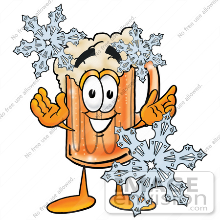 #23000 Clip art Graphic of a Frothy Mug of Beer or Soda Cartoon Character With Three Snowflakes in Winter by toons4biz